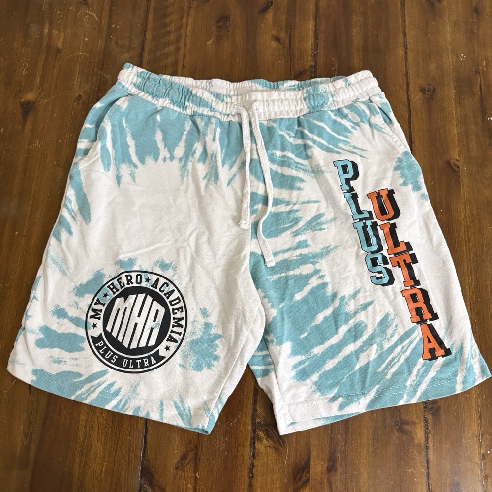 My Hero Academia Funimation Tie-Dye Shorts Large Blue White Logo Graphic